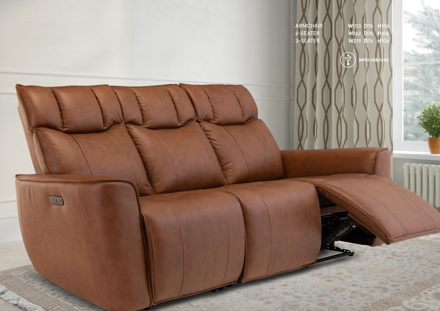 Lamborina Tan Leather Recliner Sofa