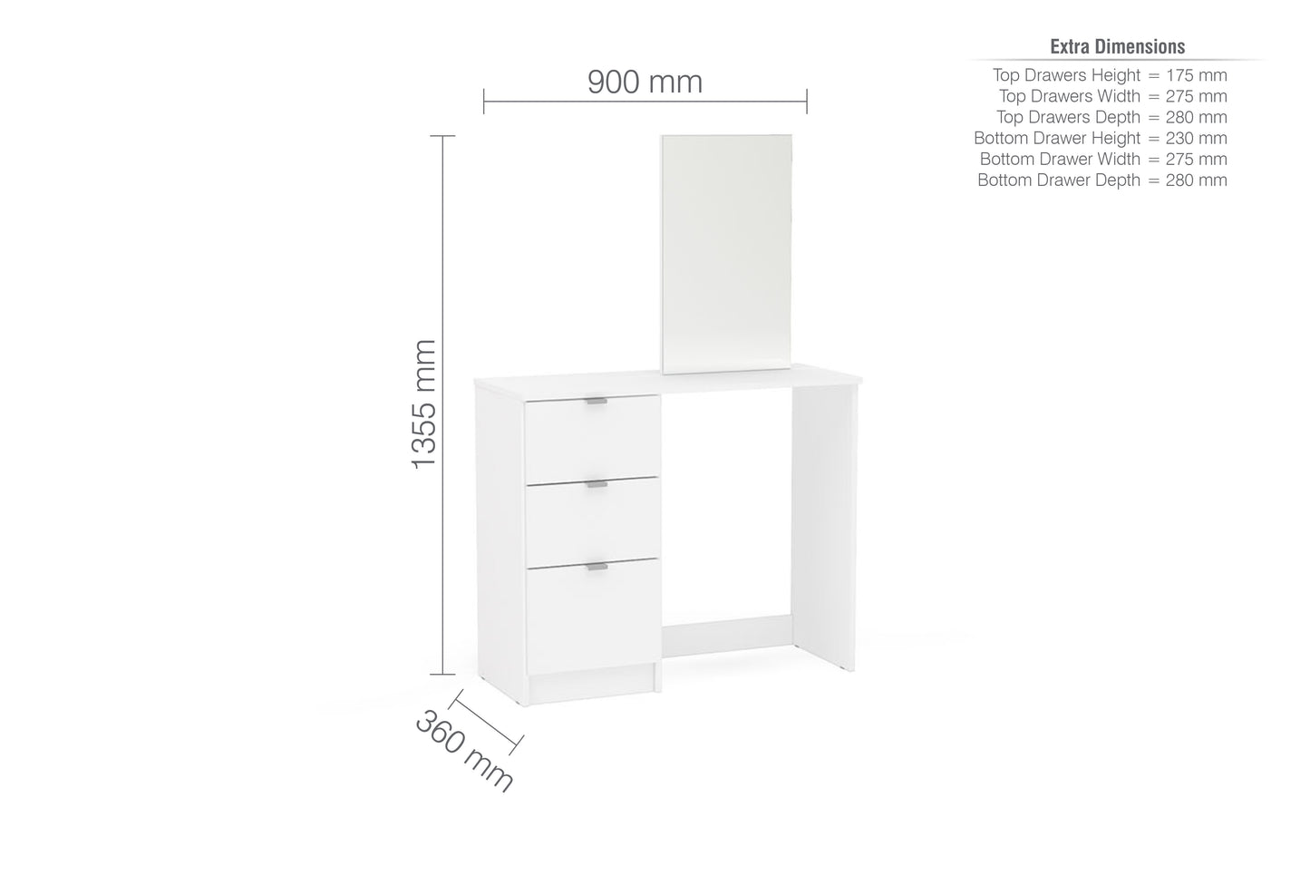 Madison 3 Drawer Dressing Table & Mirror White